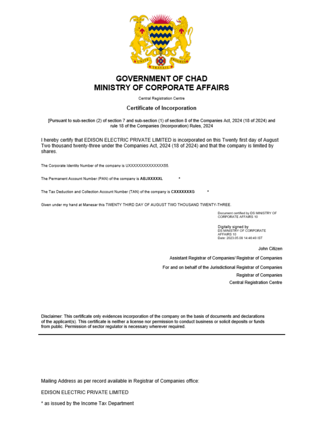 Chad certificate of registration Word and PDF template